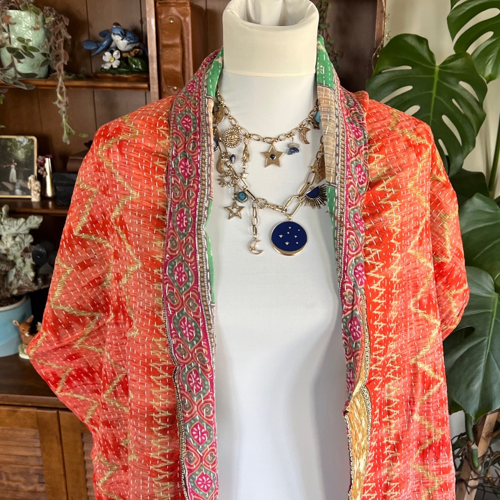 Kantha Vibrant Multicolor Scarf Wrap Shrug or Table Runner Decor NWOT - Picture 9 of 13